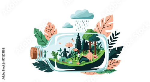 Surrealistic illustration of a woman and child inside a large glass jar that contains a mini forest ecosystem.