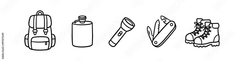 Naklejka premium Vector line art icons of camping and hiking gear, including a backpack, flask, flashlight, multi-tool, and hiking boots. Minimalist outline style on a white background.