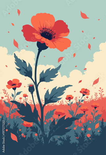 dynamic composition wildflower bending severely strong gale wind Leaves flying Concept enduring hardship Limited color palette red dark blue No text