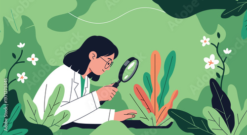 Female biologist in a white lab coat using a magnifying glass to study colorful plants in a lush green forest.