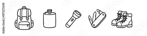 Vector line art icons of camping and hiking gear, including a backpack, flask, flashlight, multi-tool, and hiking boots. Minimalist outline style on a white background.