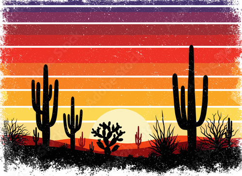 Desert landscape with cacti and sunset on transparent background  