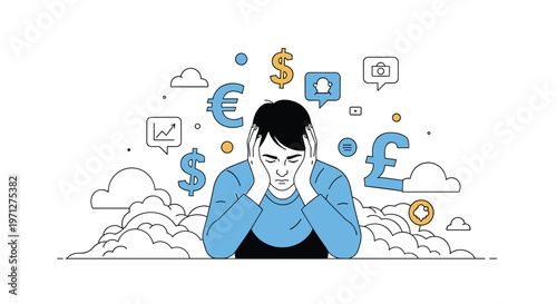 Stressed businessman holding his head in despair while surrounded by financial icons and currency symbols.
