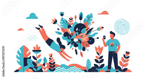 Artistic scene of a woman diving into a burst of giant flowers while a man captures the moment with his phone.