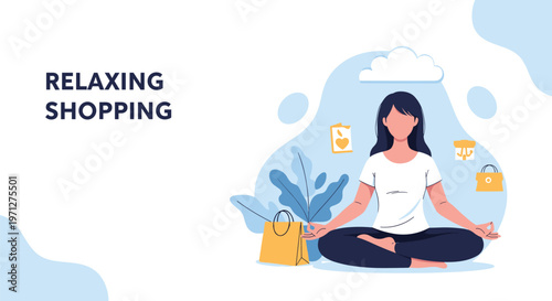 Woman sitting in a lotus meditation pose while surrounded by shopping bags and icons for relaxing shopping.