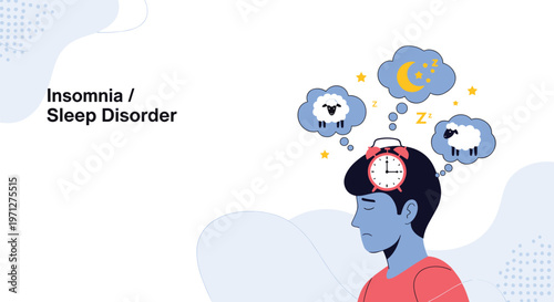 Man suffering from insomnia with a clock on his head and thought bubbles showing jumping sheep and the moon.
