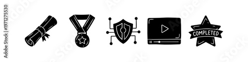 A collection of hand-drawn educational and achievement icons featuring a diploma, star medal, security shield, video player interface, and a completed star badge for online learning concepts.