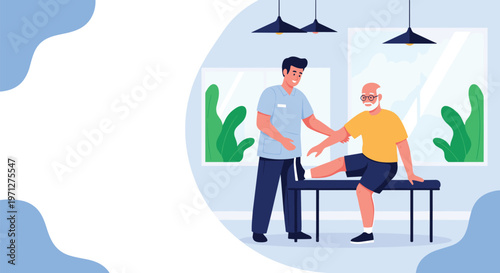 Professional physical therapist assists an elderly man with leg stretches on a massage table in a modern clinic environment.