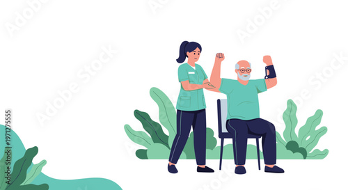 Female healthcare professional helps a senior man perform arm exercises during a physical therapy session in a bright space.