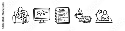 Hand-drawn doodle icons for education, remote study, and online learning. Includes reading on a sofa, video tutorial on a monitor, spiral notebook, and a workspace with a lamp.