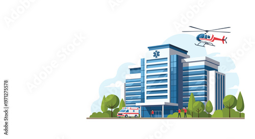 Modern hospital building features an emergency helicopter landing on the roof and an ambulance parked near the main entrance.