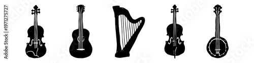 Hand-drawn black silhouettes of stringed musical instruments including violin, guitar, harp, cello, and banjo on a white background. Rustic sketch style banner.