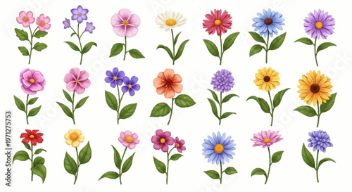 Set of twenty-one botanical flower illustrations including varieties of daisies, asters, and cosmos in colors like pink, purple, blue, yellow, and red, isolated on a white background.