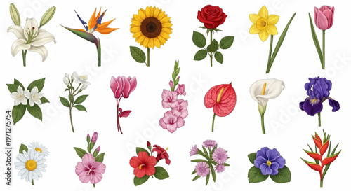 Botanical illustration set of eighteen various flower species isolated on a white background, featuring sunflower, red rose, white lily, pink tulip, purple iris, and bird of paradise.