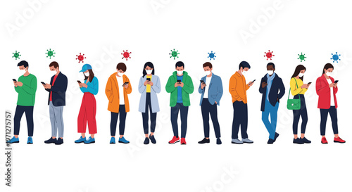 Large group of diverse people stands in a line wearing protective face masks while focusing on their individual mobile phones.