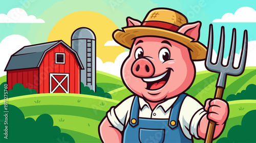 Smiling Pig Wearing Overalls.