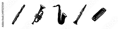 Set of hand-drawn musical wind instrument icons including saxophone, trumpet, clarinet, recorder, and harmonica. Minimalist black ink sketches isolated on white background for artistic design.