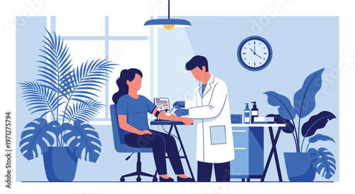 Patient receives a blood draw from a male medical professional in a clean clinic room with plants and a blue color scheme.