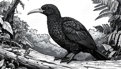 Huia Bird Illustration - Extinct New Zealand Wattlebird in Detailed Black and White.