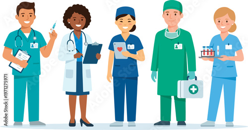 Medical professionals in various uniforms standing.