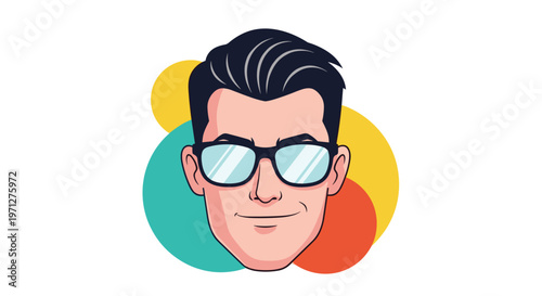 Close-up portrait of a stylish man with dark hair and glasses set against a background of colorful abstract geometric shapes.