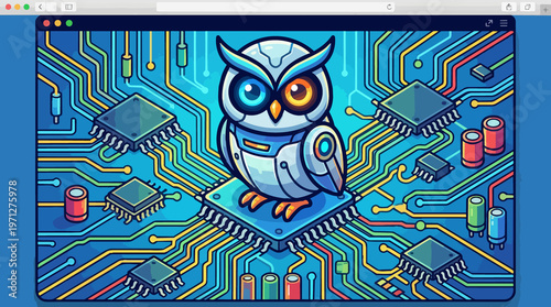 Owl on circuit board closeup.