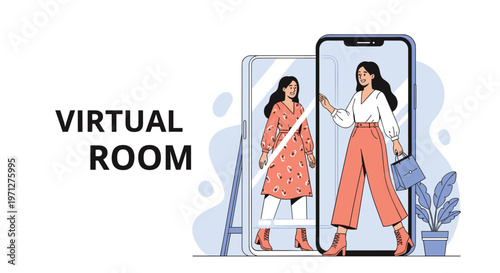 Virtual room concept features a woman standing between two large smartphone screens showing different clothing options for her.