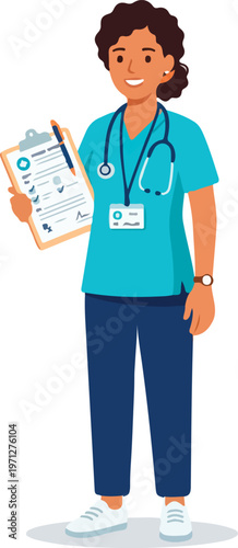 Smiling nurse holding medical clipboard.