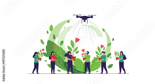 Group of people carry flower pots in a row while a technology drone flies above them and sprays or monitors the greenery.