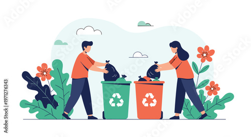 Environmentally conscious man and woman sort waste into separate recycling bins outdoors among greenery and colorful flowers.