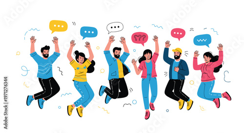 Diverse group of enthusiastic people jumps with joy while colorful speech bubbles and shapes float around them in celebration.
