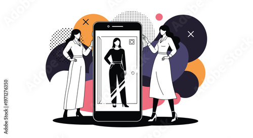 Artistic concept of a virtual fashion room shows female figures on a smartphone screen with abstract colorful background shapes.