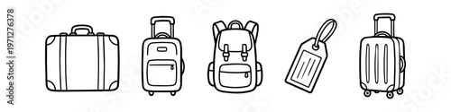 Set of hand-drawn travel luggage icons including suitcases, backpack, and luggage tag. Minimalist black line art vector illustration for travel and tourism concepts.