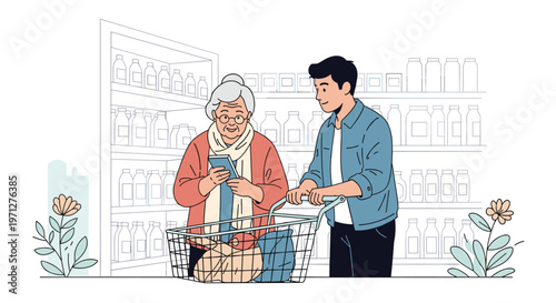 Young man assisting an elderly woman with her digital shopping list on a smartphone while browsing aisles in a grocery store.