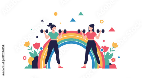 Two active women performing dumbbell exercises in front of a colorful rainbow with floral decorations in a flat vector style.