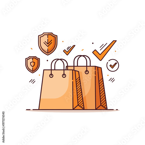 Two shopping bags with security shields and checkmarks, symbolizing safe and reliable online shopping transactions.