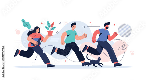 Fast-paced illustration of a diverse group of people running together carrying various items representing a busy modern life.