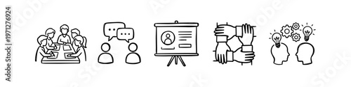Set of black and white hand-drawn business icons illustrating teamwork, communication, presentation, collaboration, and brainstorming ideas.