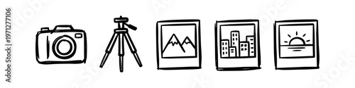 Hand-drawn photography icon set with a camera, tripod, and instant photos of landscapes, cityscapes, and sunsets. Minimalist black line art on white background.