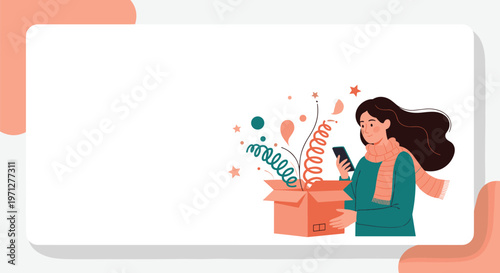 Excited woman checking her smartphone as a gift box opens to reveal colorful streamers and shapes symbolizing an online win.
