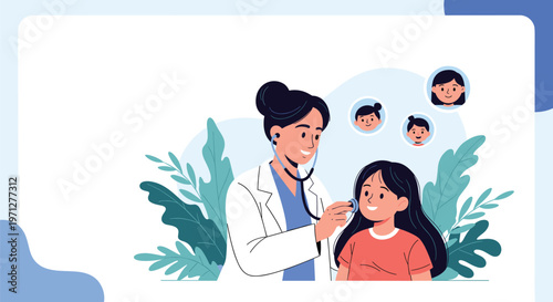 Caring female pediatrician using a stethoscope to check a young girl's heartbeat during a routine medical examination in a clinic.