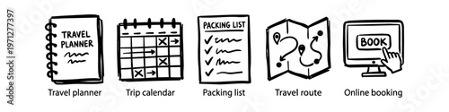 Set of hand-drawn travel planning icons: notebook, trip calendar, packing list, map route, and online booking. Minimalist black sketch style on a white background for vacation organization.