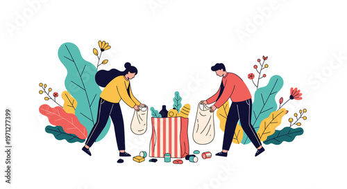 Man and woman packing various food items into paper bags representing a community food drive or sustainable grocery shopping.