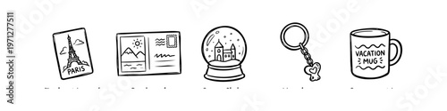 Hand-drawn black and white doodle icons of travel souvenirs including a Paris postcard, mountain scene, snow globe, heart keychain, and a vacation mug. Perfect for travel and tourism themes.