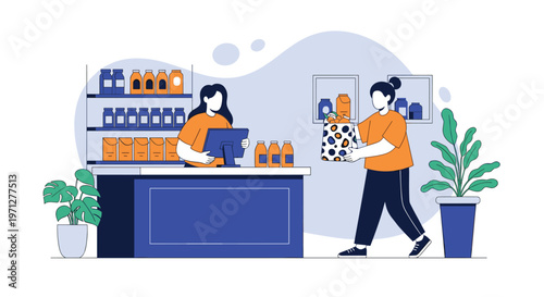 Friendly cashier handing over a bag of groceries to a customer at a store counter in a stylized flat vector illustration.