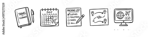 Hand-drawn doodle icons for travel planning including a notebook, calendar, packing list, map itinerary, and online booking. Perfect for vacation organization and trip preparation.