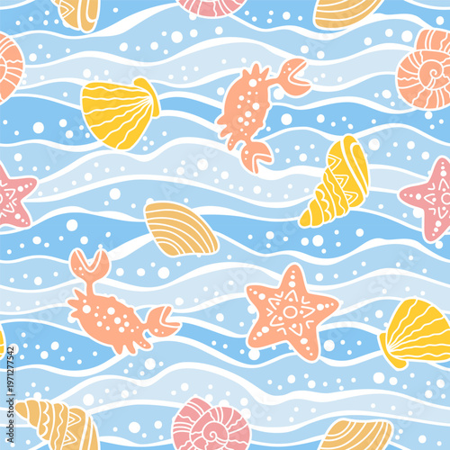 Hand drawn seamless pastel marine pattern with shells, corals, crabs and stars, playful ocean themed boho background with soft pink, blue and yellow decorative elements
