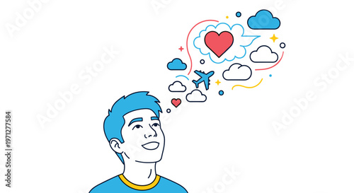 Young man looking upwards with a thought bubble filled with icons of a heart an airplane and clouds representing travel dreams.