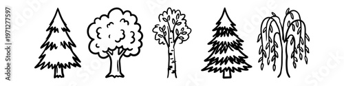 Set of hand-drawn tree icons in a minimalist black ink doodle style. Includes diverse species like pine, spruce, birch, deciduous, and weeping willow, perfect for eco-friendly design projects.