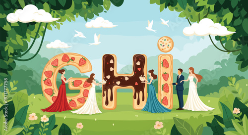 Group of people in formal attire interacting with giant letters G H and I decorated with chocolate and fruit in a forest.